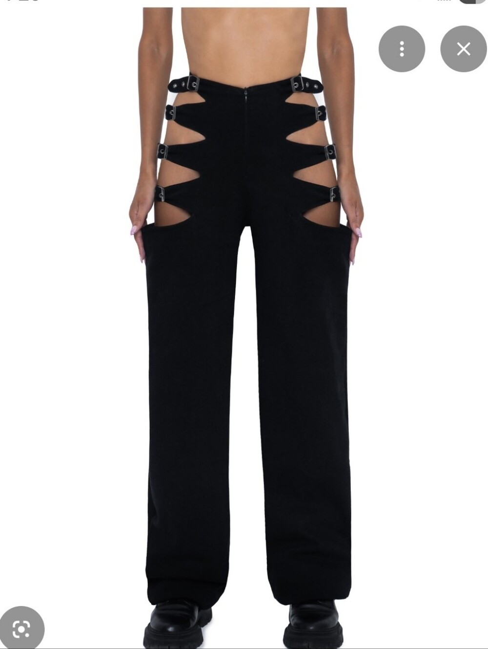 Women’s Black Straight Leg Jeans with Side Cut-Out Buckles